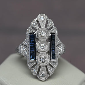 Trufili Art Deco Inspired Diamond Sapphire Shield Ring 14K White Gold