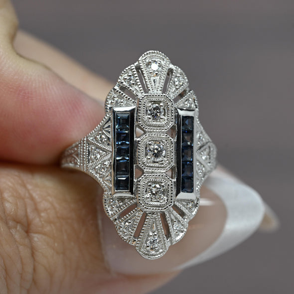 Trufili Art Deco Inspired Diamond Sapphire Shield Ring 14K White Gold