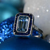 Art Deco Platinum Emerald Cut Aqua With Sapphire Halo Ring