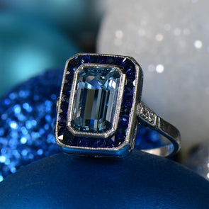 Art Deco Platinum Emerald Cut Aqua With Sapphire Halo Ring