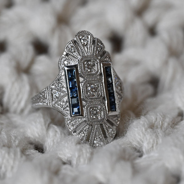 Trufili Art Deco Inspired Diamond Sapphire Shield Ring 14K White Gold