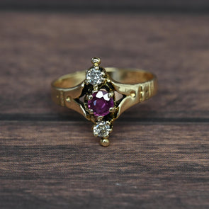 Victorian Ruby & Diamond 3 Stone North South 14K Yellow Gold Ring