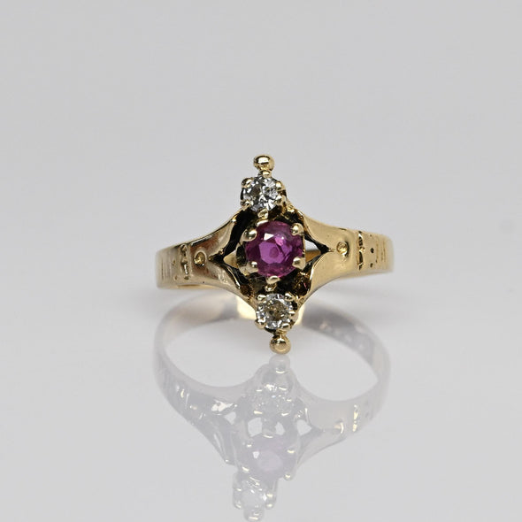 Victorian Ruby & Diamond 3 Stone North South 14K Yellow Gold Ring