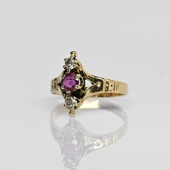 Victorian Ruby & Diamond 3 Stone North South 14K Yellow Gold Ring