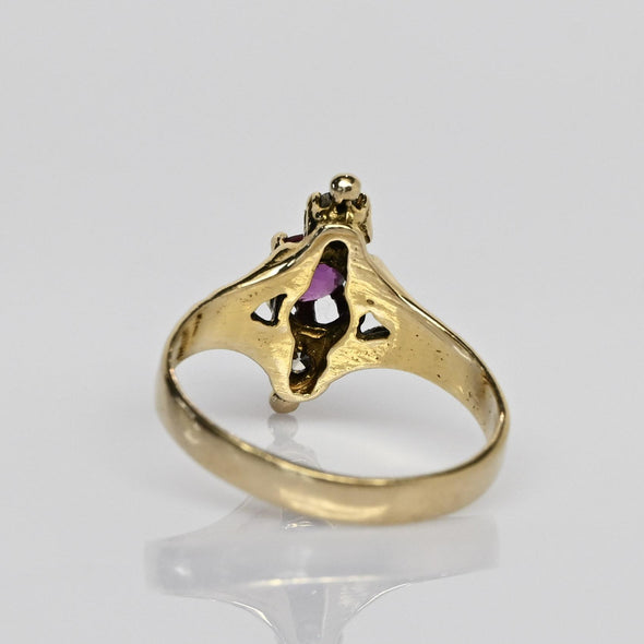 Victorian Ruby & Diamond 3 Stone North South 14K Yellow Gold Ring
