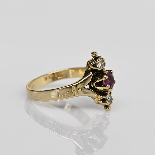 Victorian Ruby & Diamond 3 Stone North South 14K Yellow Gold Ring