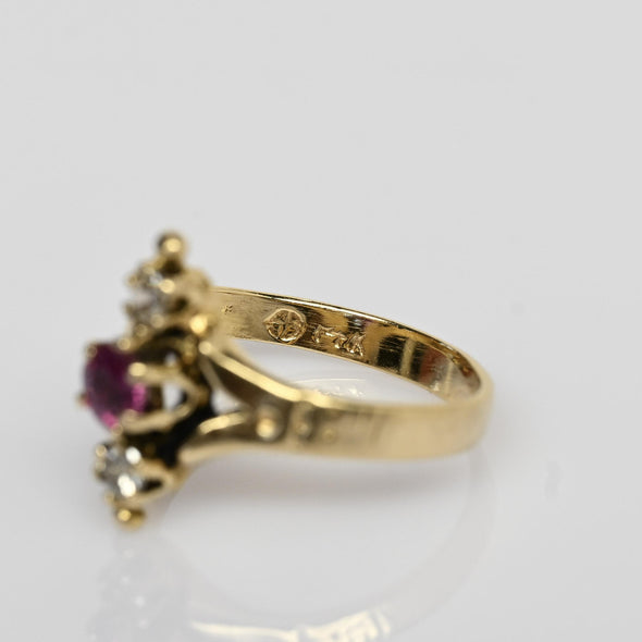 Victorian Ruby & Diamond 3 Stone North South 14K Yellow Gold Ring