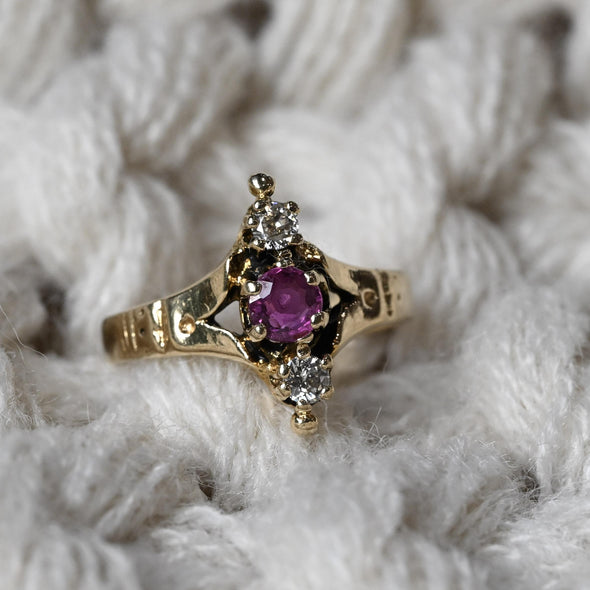 Victorian Ruby & Diamond 3 Stone North South 14K Yellow Gold Ring