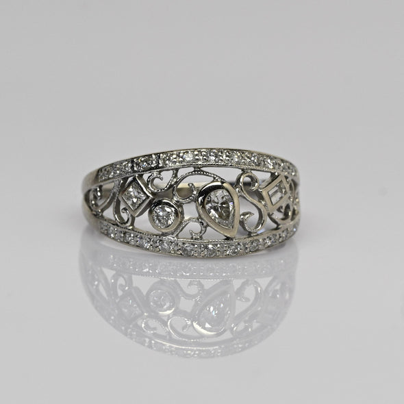 Whimsical Diamond Filigree Band 14k White Gold Ring