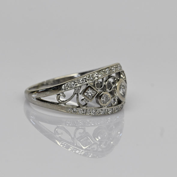 Whimsical Diamond Filigree Band 14k White Gold Ring