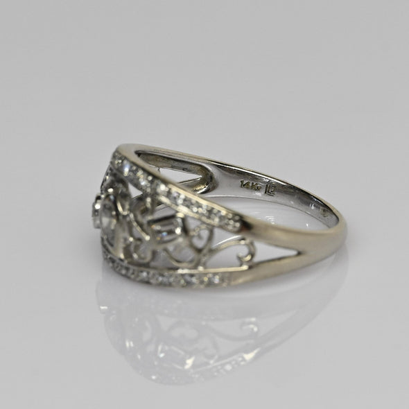 Whimsical Diamond Filigree Band 14k White Gold Ring