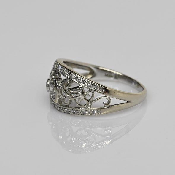 Whimsical Diamond Filigree Band 14k White Gold Ring