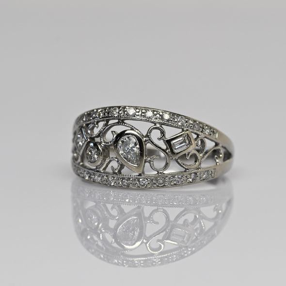 Whimsical Diamond Filigree Band 14k White Gold Ring