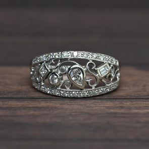 Whimsical Diamond Filigree Band 14k White Gold Ring