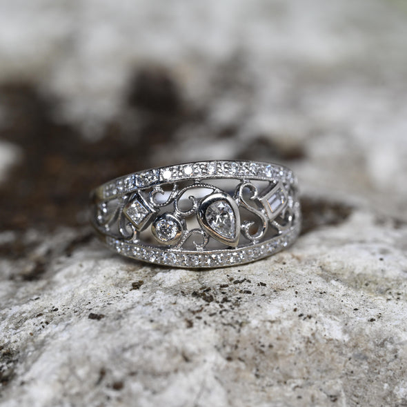 Whimsical Diamond Filigree Band 14k White Gold Ring
