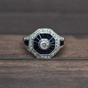 Levian Art Deco Inspired Diamond & Blue Sapphire Octagon 14k White Gold Ring