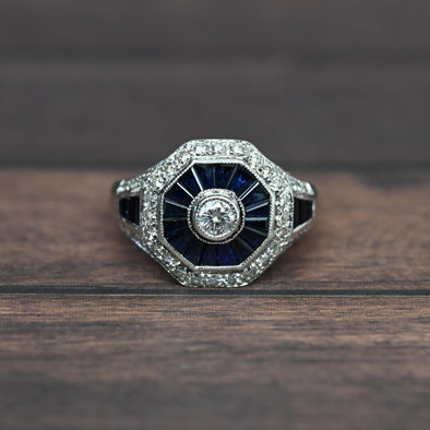 Levian Art Deco Inspired Diamond & Blue Sapphire Octagon 14k White Gold Ring