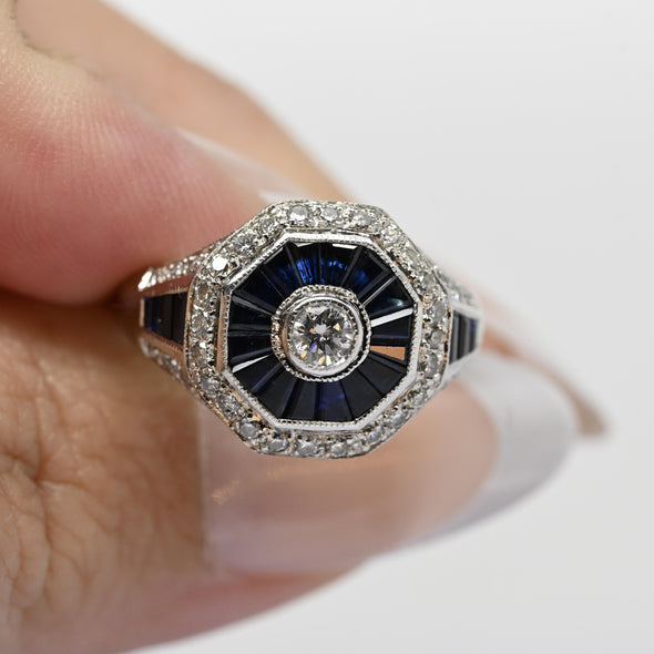 Levian Art Deco Inspired Diamond & Blue Sapphire Octagon 14k White Gold Ring