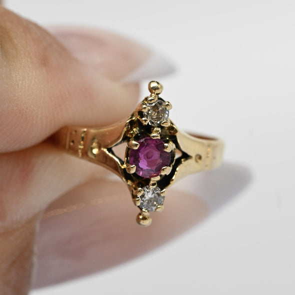 Victorian Ruby & Diamond 3 Stone North South 14K Yellow Gold Ring