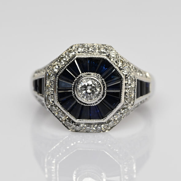 Levian Art Deco Inspired Diamond & Blue Sapphire Octagon 14k White Gold Ring