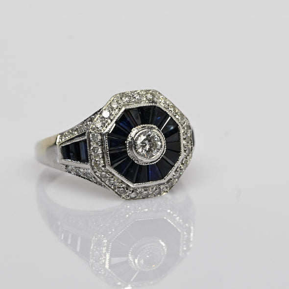 Levian Art Deco Inspired Diamond & Blue Sapphire Octagon 14k White Gold Ring