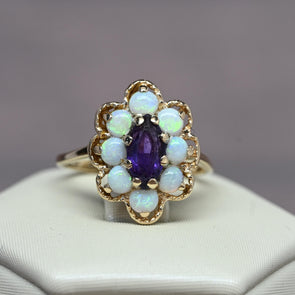 Vintage Marquise Amethyst Opal Floral Cluster 14K Yellow Gold Ring