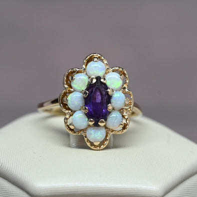 Vintage Marquise Amethyst Opal Floral Cluster 14K Yellow Gold Ring