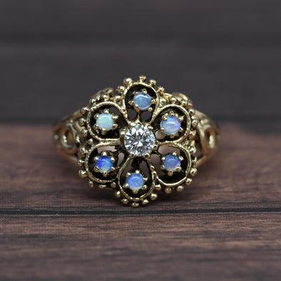 Vintage Opal and Diamond 14k Yellow Gold Cluster Ring