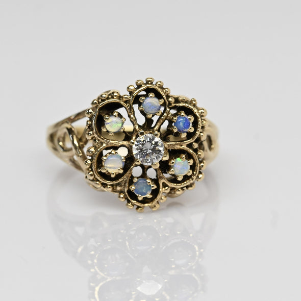 Vintage Opal and Diamond 14k Yellow Gold Cluster Ring