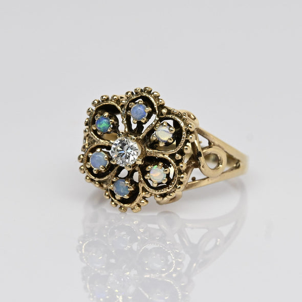 Vintage Opal and Diamond 14k Yellow Gold Cluster Ring