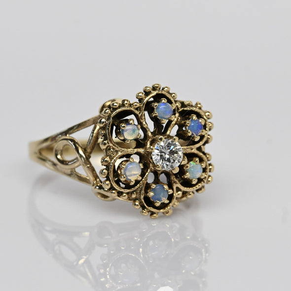 Vintage Opal and Diamond 14k Yellow Gold Cluster Ring