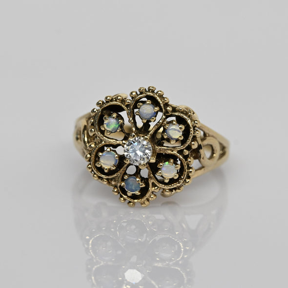 Vintage Opal and Diamond 14k Yellow Gold Cluster Ring