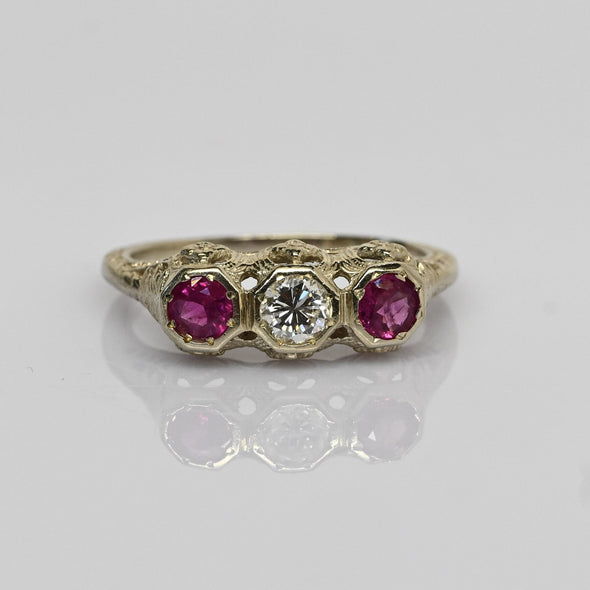 Art Deco Diamond & Ruby 3 Stone Filigree 14K White Gold Ring