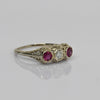 Art Deco Diamond & Ruby 3 Stone Filigree 14K White Gold Ring