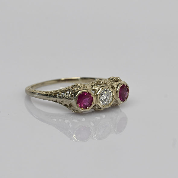 Art Deco Diamond & Ruby 3 Stone Filigree 14K White Gold Ring