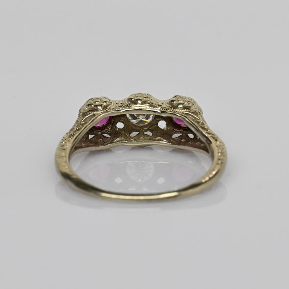 Art Deco Diamond & Ruby 3 Stone Filigree 14K White Gold Ring