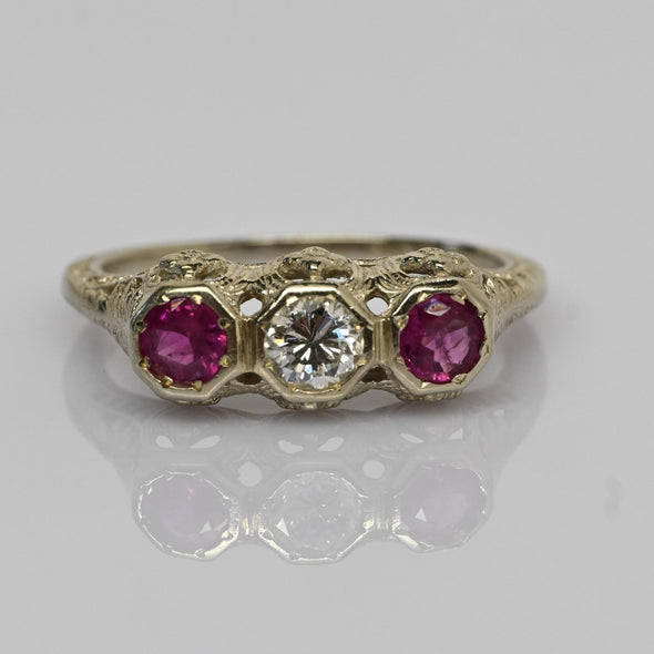 Art Deco Diamond & Ruby 3 Stone Filigree 14K White Gold Ring