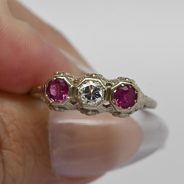 Art Deco Diamond & Ruby 3 Stone Filigree 14K White Gold Ring
