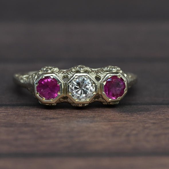 Art Deco Diamond & Ruby 3 Stone Filigree 14K White Gold Ring