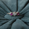 Art Deco Diamond & Ruby 3 Stone Filigree 14K White Gold Ring