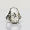 Art Deco White Camphor Glass Diamond Filigree 14k White Gold Ring