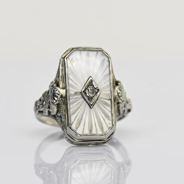 Art Deco White Camphor Glass Diamond Filigree 14k White Gold Ring