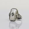 Art Deco White Camphor Glass Diamond Filigree 14k White Gold Ring