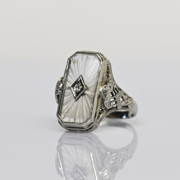 Art Deco White Camphor Glass Diamond Filigree 14k White Gold Ring