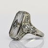 Art Deco White Camphor Glass Diamond Filigree 14k White Gold Ring