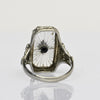 Art Deco White Camphor Glass Diamond Filigree 14k White Gold Ring