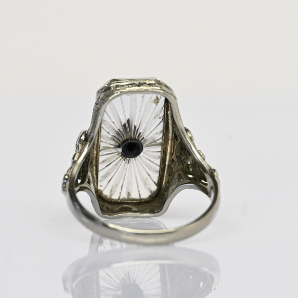 Art Deco White Camphor Glass Diamond Filigree 14k White Gold Ring