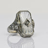 Art Deco White Camphor Glass Diamond Filigree 14k White Gold Ring