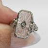 Art Deco White Camphor Glass Diamond Filigree 14k White Gold Ring