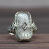 Art Deco White Camphor Glass Diamond Filigree 14k White Gold Ring